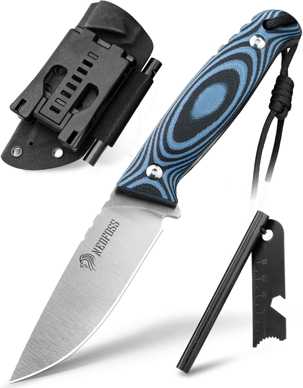 NedFoss Hyenas Bushcraft Knife with Fire Starter, 3.5" 440C Steel Camping Knife with Kydex Sheath, Blue G10 Handle for Outdoor, TAC, Gift